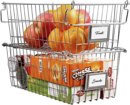 Orgneas Stackable Chest Freezer Baskets Organizer Bins, Metal Wire Baskets Pantry Organizer Vegetables and Fruits Baskets with Tag Slot for Potato Onion Storage