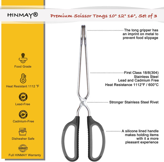 HINMAY Stainless Steel Scissor Tongs Cooking Tongs Set, Set of 3 (Black Handle, 10" 12" 16")