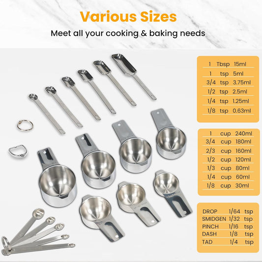 35PCS Stainless Steel Measuring Cups and Spoons Set, 7 Nesting Measuring Cups, Round & Rectangular Spoons with Clear Engraved Markings, 2-Pack Mini Spoon Sets with Leveler for Precise Cooking & Baking