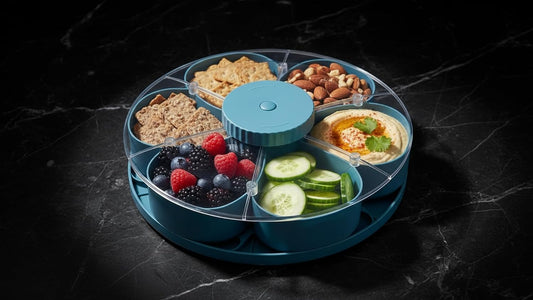Rotating Divided Serving Tray with Lid - 5 Compartments Lazy Susan Snack Organizer, BPA-Free Spin Tray for Snacks, Dips, Veggies, Fruits | Perfect for Parties, Kitchen, Travel & Picnic (Blue)