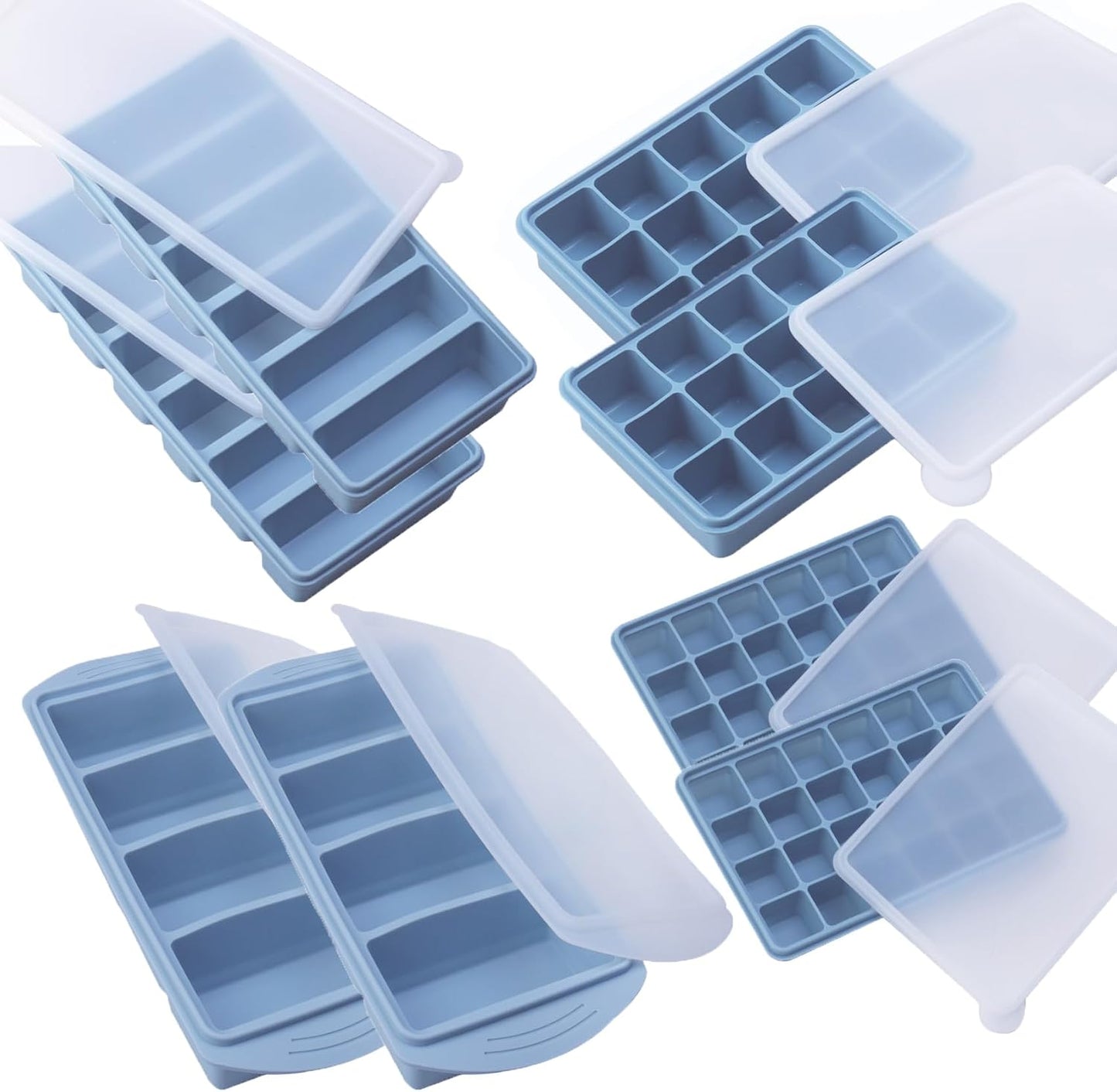 Silicone Freezer Molds Gift Set with 1 Tbsp,2 Tbsp, 1/2, and 1 Cup Silicone Freezer Trays With Lids - Meal Prep and Kitchen Essentials Bundle (Blue 4 Pack)