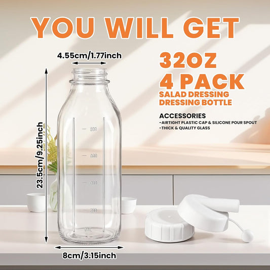 4 Pcs 32 oz Salad Dressing Shaker Glass Dispenser with Silicone Pour Spout and Tamper-proof Lid Refillable Salad Dressing Dispenser Mixer Shaker for Sauces Ketchup Sour Cream Syrup