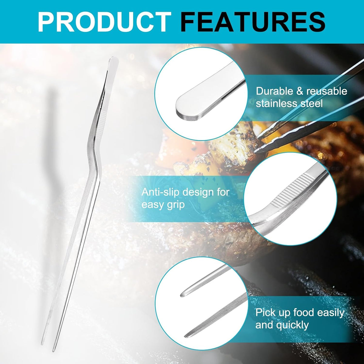 uxcell Kitchen Tweezers Stainless Steel, 10 Inch Food Tongs Fine Cooking Tweezers Set Extra-Long Tweezer Tongs for Cooking Grill Baking BBQ, Black Clip