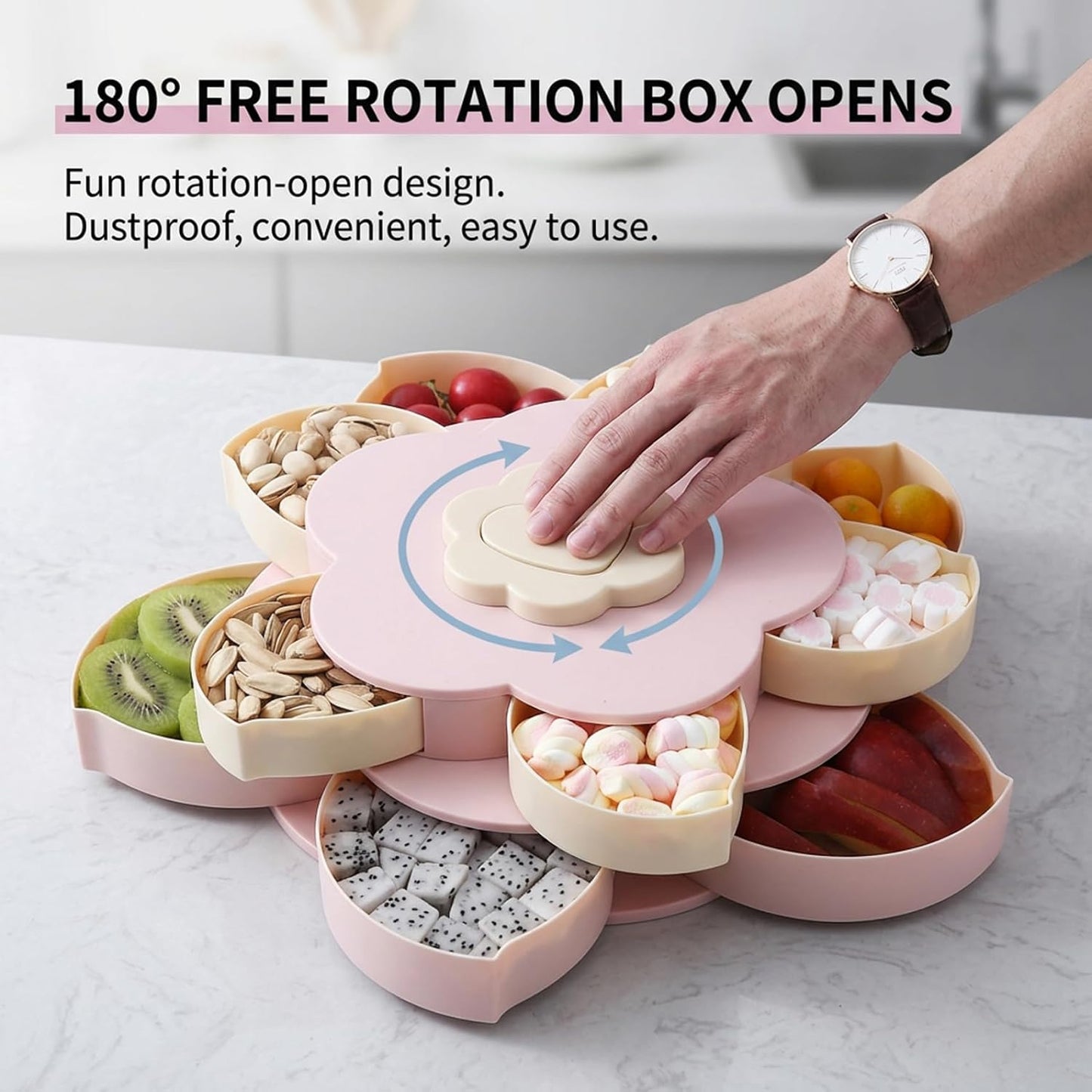 Snack Spinner, Divided Serving Tray - Flower Shape Rotating Snack Container with Lid & Phone Holder Multi-Compartment Snackle Box for Candy, Fruits, Nut, Rotating Container