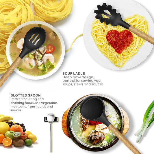 oannao Silicone Cooking Utensils Set - 446°F Heat Resistant Silicone Kitchen Utensils for Cooking,Kitchen Utensil Spatula Set w Wooden Handles, BPA FREE Gadgets for Non-Stick Cookware (Khaki)