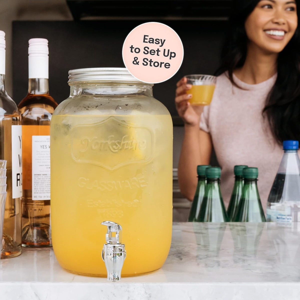 Estilo Gallon Drink Dispenser with Stand - Glass Beverage Dispenser with Stand for Weddings - Sun Tea Jar with Spigot 1 Gallon - Countertop Glass Water Dispenser for Lemonade and Parties