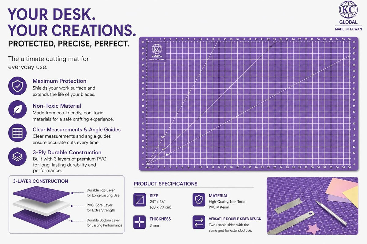 KC GLOBAL A3 (19"x13") Professional Grade Self-Healing Cutting Mat (Purple) - Odor-Free, Double-Sided, Eco-Friendly, Non-Slip, Premium Desk mat for DIY, Crafting, Model Building,and Art Projects