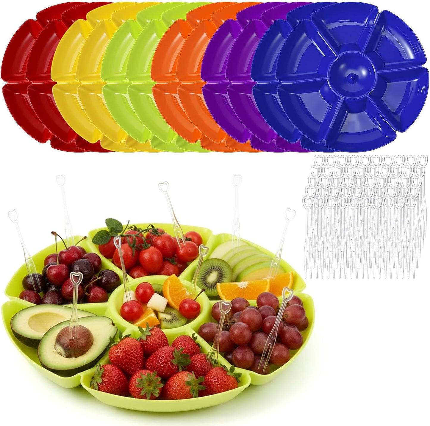 12 Pcs Plastic Divided Serving Trays with 100 Pcs Disposable Fork, 7 Compartments Round Chip Dip Plate, Petal Shape Platter, 10.63'' Snacks Serving Dish for Party Candy Nuts Fruits (Classic Color)