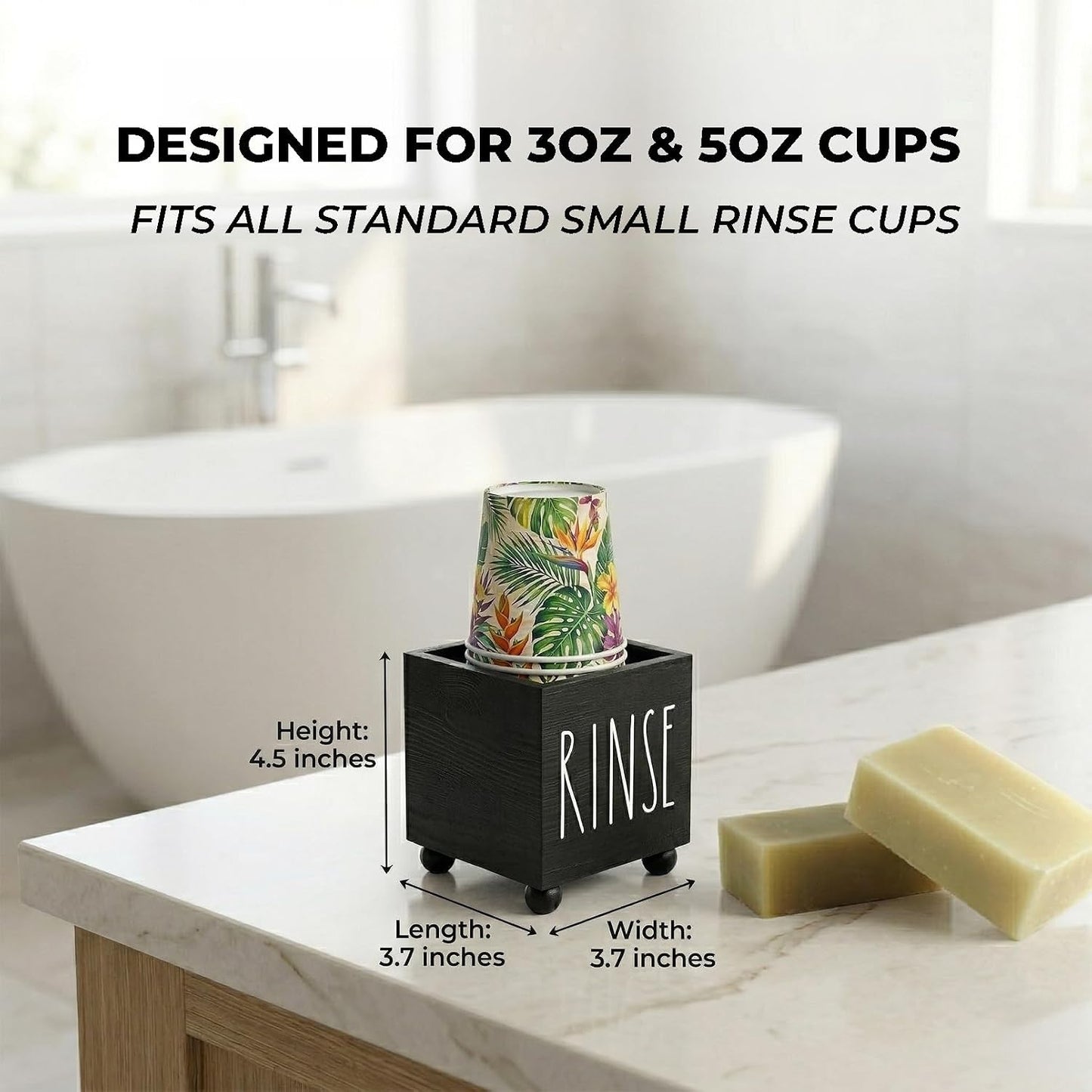 Bathroom Cup Dispenser, Farmhouse Dixie Cup Holder, 3 oz 5 oz Paper Mouthwash Cup Storage Box, Wooden Disposable Cup Caddy, Water Dispenser Cup Holder for Counter top (Black)