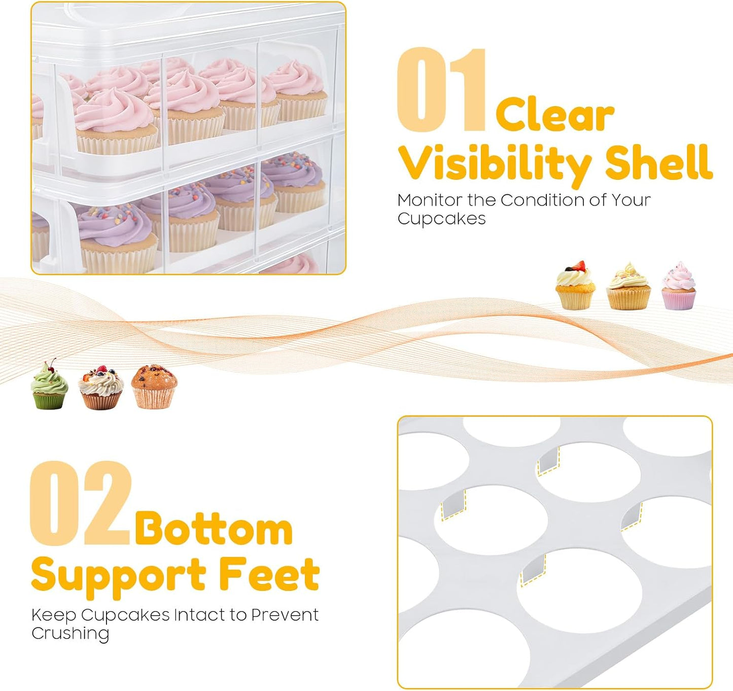 Cupcake Carrier 4-Layer Cupcake Holder, Store up to 48 Cupcakes or Muffins, Stackable Cupcakes Storage Container Collapsible Cake Carrier with Lid and Handle