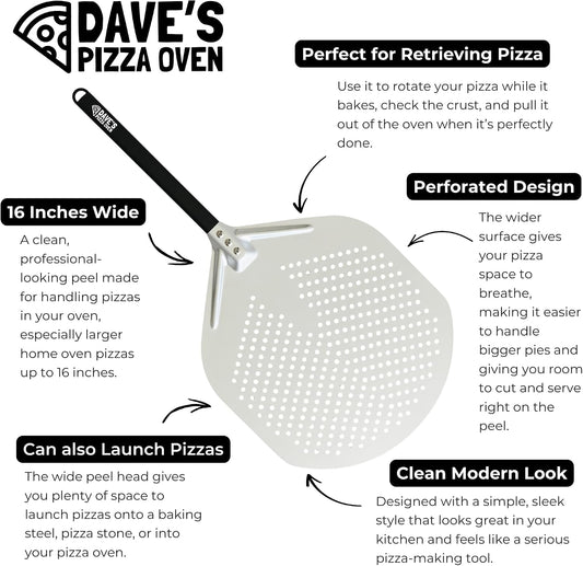 Dave's 16in Aluminum Perforated Pizza Peel | Lightweight Metal Turning Spatula with Long Handle (16 Inch)