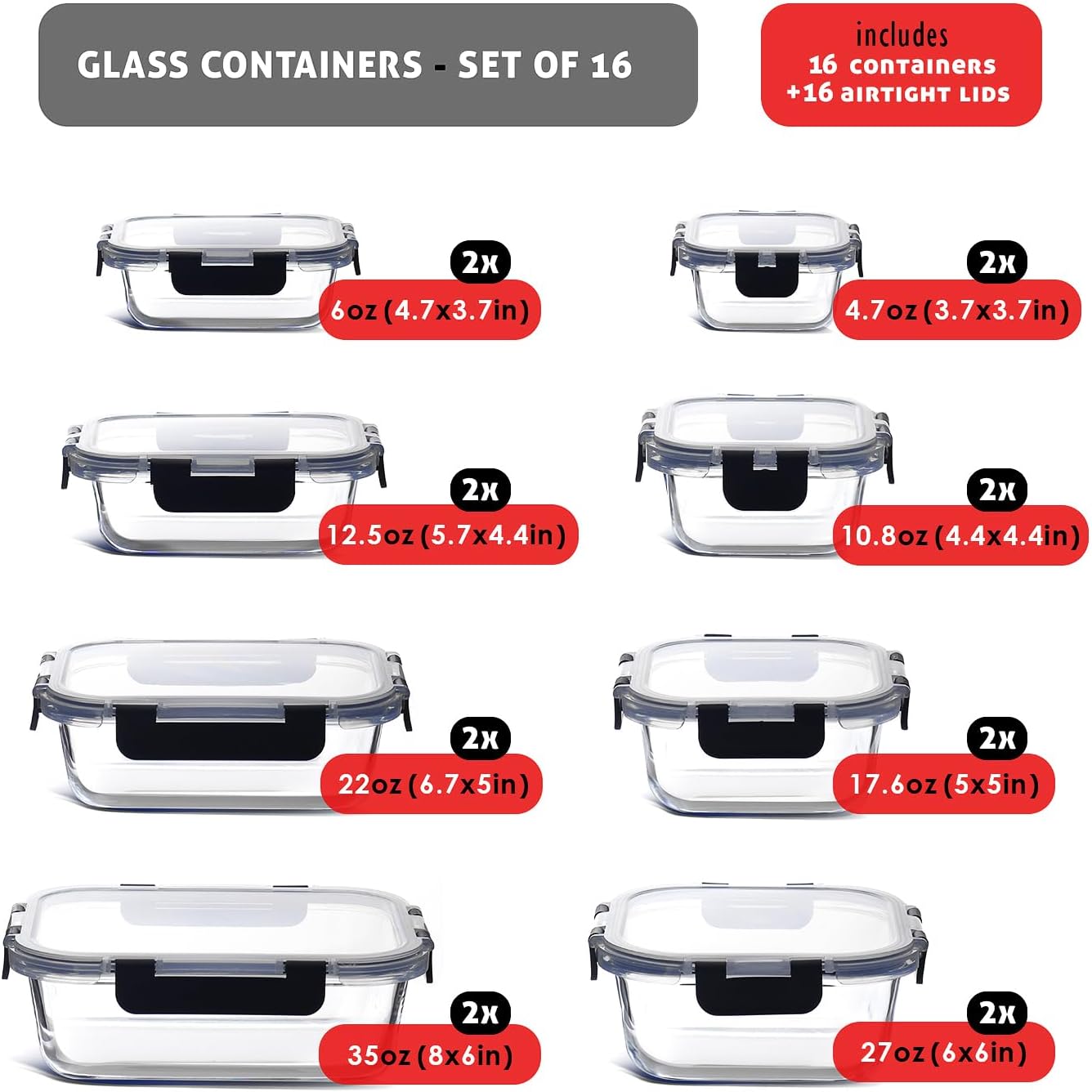 EATEX 16pc Glass Food Storage Containers with Lids, Airtight Glass Meal Prep Containers, 8 Reusable Food Containers with 8 Leakproof Snap Lock Lids, Oven Microwave Freezer Safe Lunch