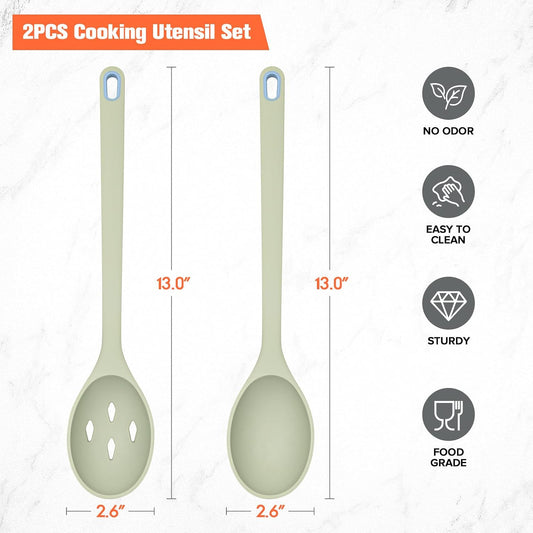 Silicone Cooking Spoon, Solid&Slotted Spoons, 2 Pack (Green)
