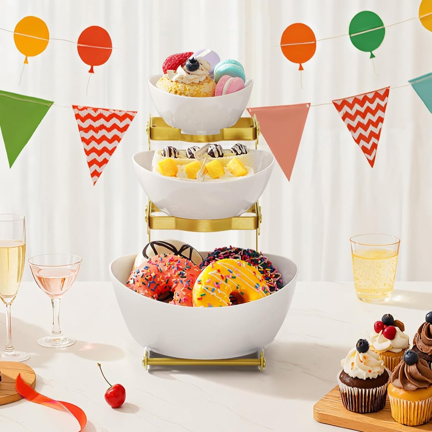 Lifewit 3 Tier Plastic Serving Bowls with Black Metal Stand, Chips and Dip Serving Tray Set for Entertaining Party, Crack-Proof Serving Platters for Fruit/Snack/Candy, 31 x 20 x 27 cm/12 x 8 x 10.6