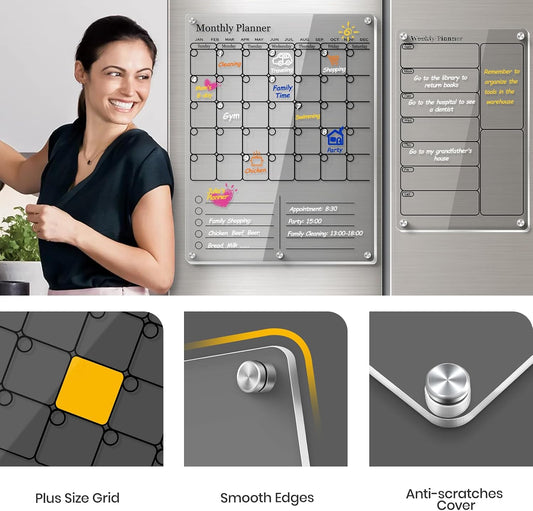 IDEATECH Acrylic Magnetic Fridge Calendar Magnet Strong, Clear Dry Erase Board Calendar for Refrigerator, Vertical 2in1 Monthly Planner & to Do List for Fridge, Whiteboard Organizer House Decor,White