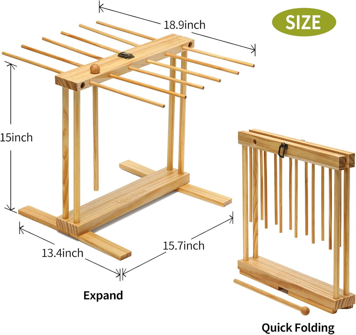 Collapsible Pasta Drying Rack, Wood Pasta Dryer Hanger Rack, Spaghetti Noodle Drying Hanging Rack Stand with 12 Bars and Transfer Wand, Foldable for Easy Storage