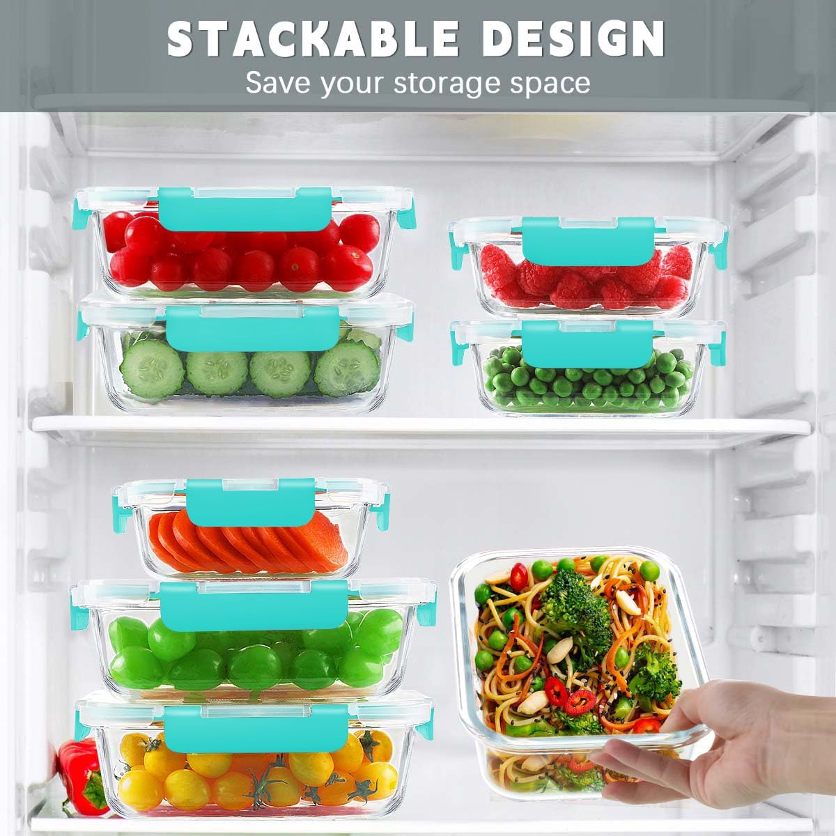 KAMOTA Glass Food Storage Containers, 10 Pack Glass Meal Prep Containers, Airtight Containers with Snap-Lock Lids, 34 oz and 13 oz white Container Set with Lids, for Microwave/Oven/Freezer