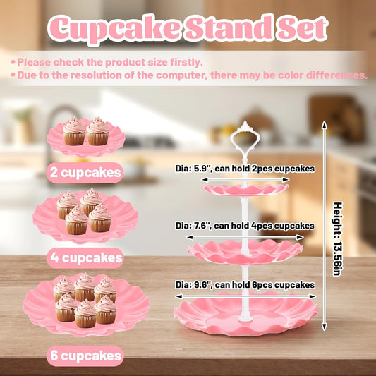 5 Pcs Dessert Stand Set, 2X Small 3 Tiers White Plastic Cupcake Stand Holder & 3X Rectangle Party Serving Trays/Platters for Wedding Birthday Baby Shower Tea Party Buffet (Pink)