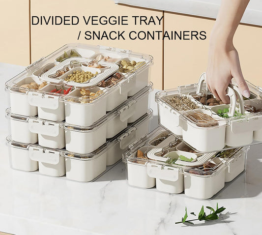 Divided Veggie Tray with Lid and Handle 9 Compartment Serving Tray with Dividers Portable Travel Snack Containers Stackable Snackle Box Charcuterie Container for Fruit,Vegetable,Salad (9 Containers)
