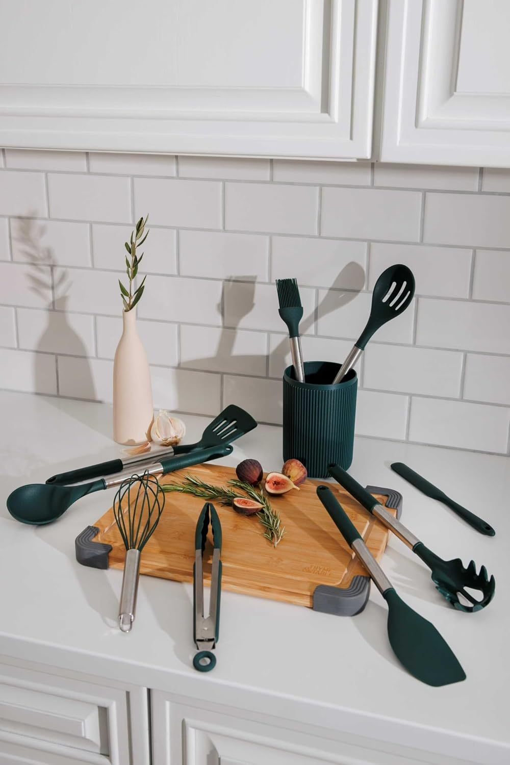10-Piece Silicone Kitchen Utensil Set with Holder, High Heat Resistant & Nonstick Safe, Dishwasher Safe - Green