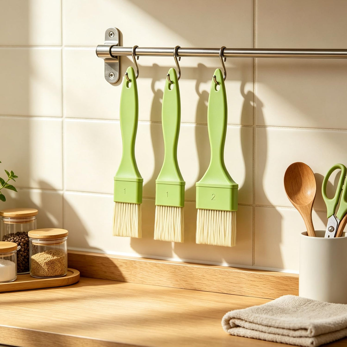 3 Pcs Pastry Brush Set, 1/1/2 Inch Basting Brush for Cooking and Baking, Heat Resistant Bristle Kitchen Brush with Hanging Hole for Oil, Butter, BBQ Sauce and Marinade(Green)