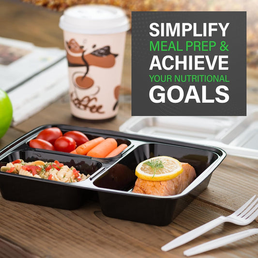 Bexter 10 Pack Compartment Trays with 10 Lids for Takeout and Food Storage / 3 Section compartment for portion control