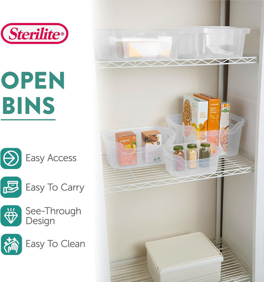 Sterilite 7 x 11 x 14.25 Inch Polished Open Scoop Front Storage Bin with Comfortable Carry Through Handles for Household Organization, Clear (6 Pack)