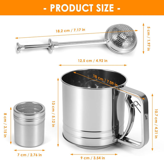 Flour Sifter, 3 in 1 Stainless Steel Sifter for Baking, 3 Cup