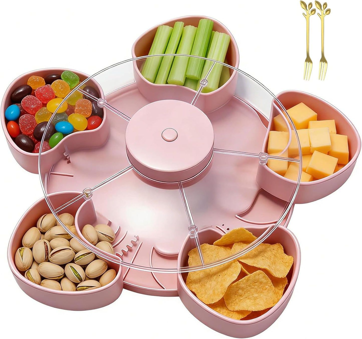 Divided Spin and Snack Serving Tray with Lid, Lazy Susan Rotating Sectional Platter for Parties, Movie Nights & RV, Multi-Compartment Charcuterie Board Organizer for Fruit, Nuts, Veggies & Dips (Gray)