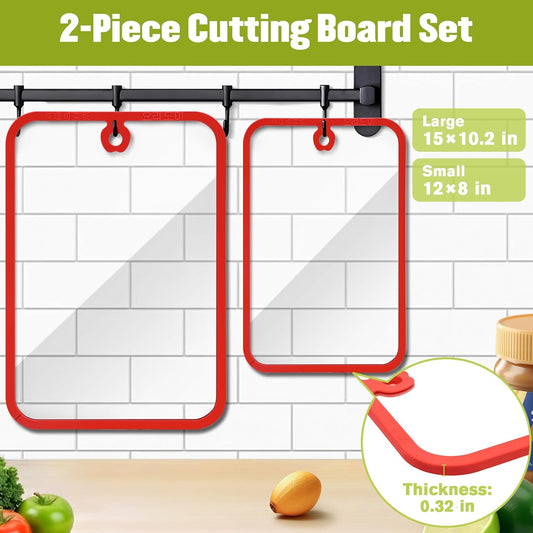 Glass Cutting Board,2Pcs Durable Clear Non Toxic Tempered Glass Cutting Board for Kitchen,Chopping Board Set with Non-Slip Silicone Edge & Hanging Hole,BPA-Free,Dishwasher Safe,Heat Proof