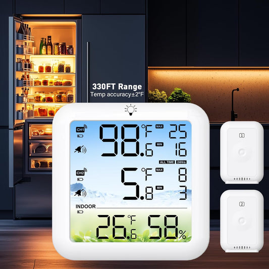 Freezer Thermometer with Alarm – Digital Refrigerator Temperature Monitor with 2 Probes (Monitor 2 Locations), 330FT Range, Backlit Display, 24H Max/Min for Fridge, Deep Freezer, RV