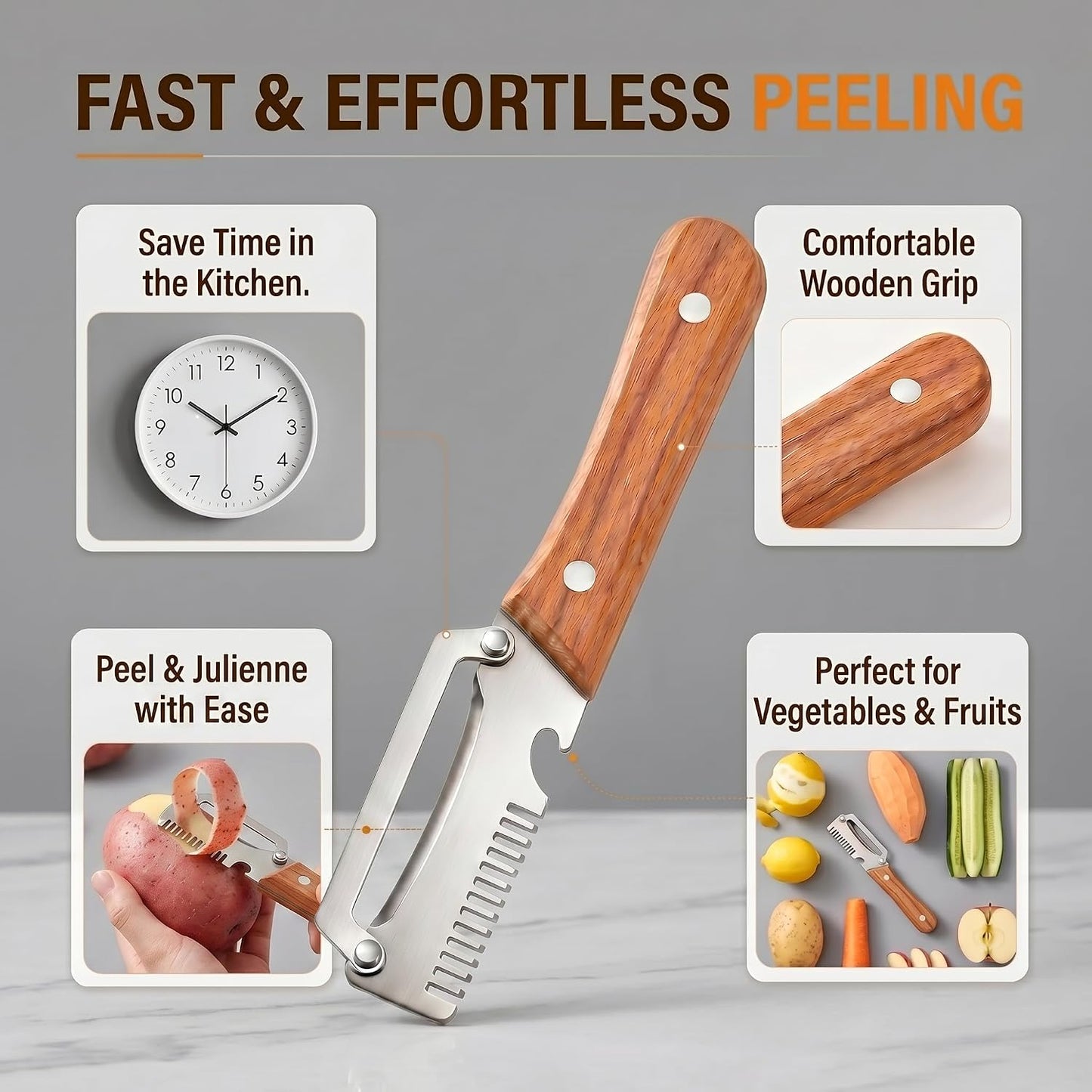9T9 Multifunction Vegetable Peeler with Wooden Handle, Stainless Steel