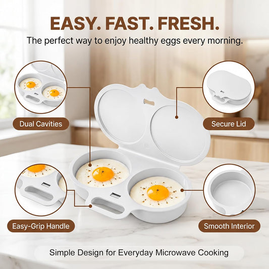 Microwave Egg Poacher 2 Eggs,Egg Poacher Microwave with Lid (White)