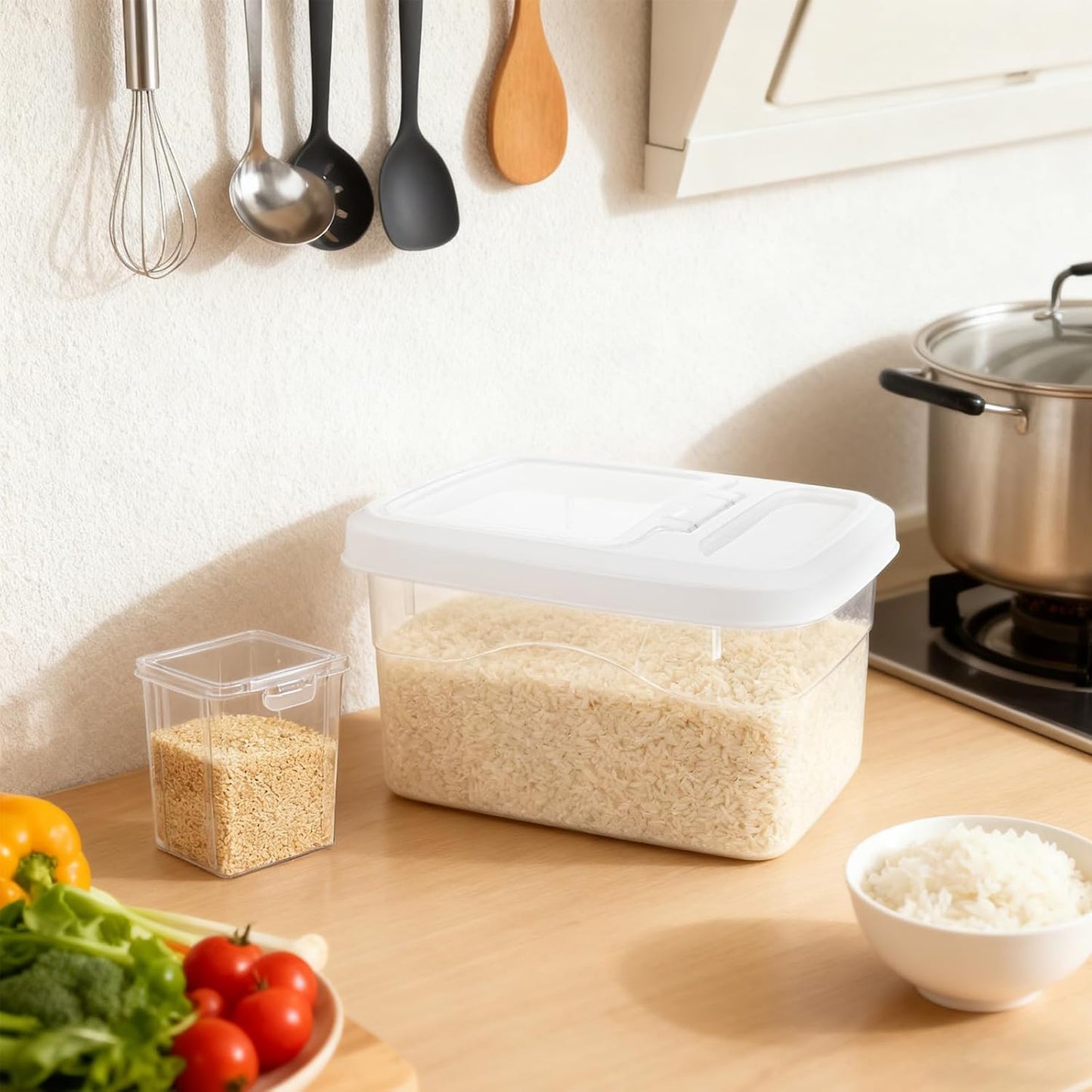16lb Rice Storage Container and 3lb Storage Bin Set, Rice Container Airtight Grain Dispenser Kitchen Pantry Organizer Pet Dog Cat Food Container for Dry Food Cereal Grain