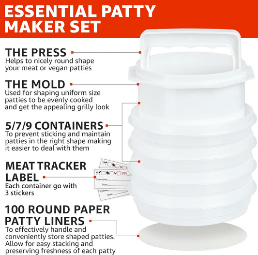 Hamburger Press Patty Maker - 4 in1, Burger Mold, Patty Press, 7 Storage Containers, 100 Round Papers - Hamburger Patty Maker Tool for BBQ - Burger Shaper for Meat, Veggie Patties