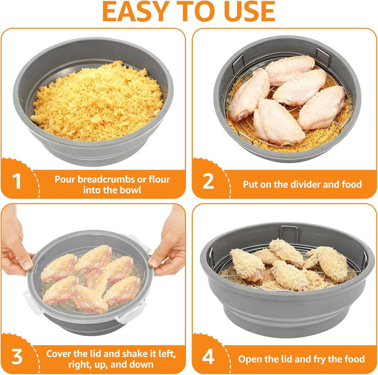 Foldable Batter Bowl, Large Opening Silicone Breading Shaker Bowl with Lid and Tray for Cooking Barbecuing Camping Outdoor Traveling