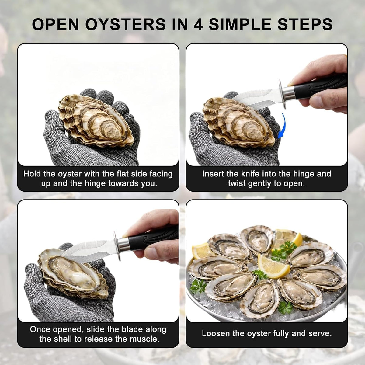 Oyster Knife Shucking Set with 2 Oyster Knives and 2 Pairs of Level 5 Cut Resistant Gloves, Safe and Easy Seafood Opener Kit for Kitchen Use, Oyster Shucking, and Gift Giving