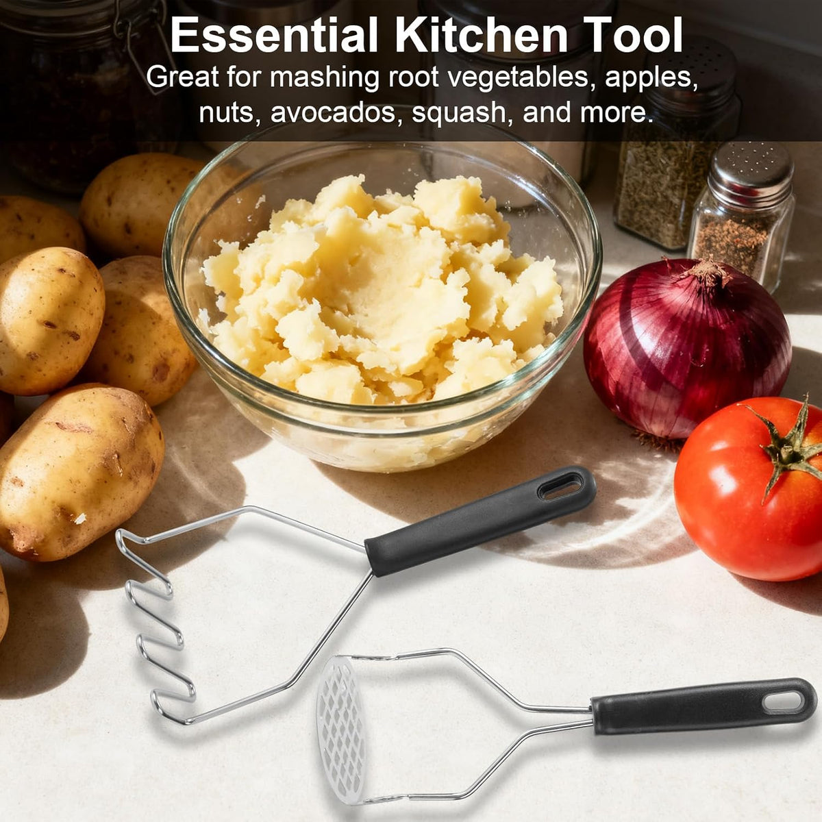 3pcs Potato Masher Tool, Stainless Steel Wavy and Round Mashed Potato Smasher with Paring Knife Masher Kitchen Tool for Avocado Vegetables Meat Beans