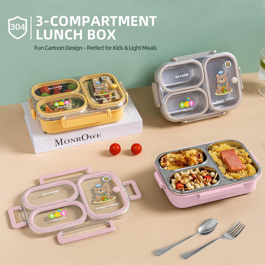 Stainless Steel Bento Lunch Box for Kids, 26.4 oz Leak-Proof 3-Compartment Metal Bento Box, BPA-Free, Cute Cartoon Meal Prep Snack Container with Utensils for School, Office, Travel - Pink