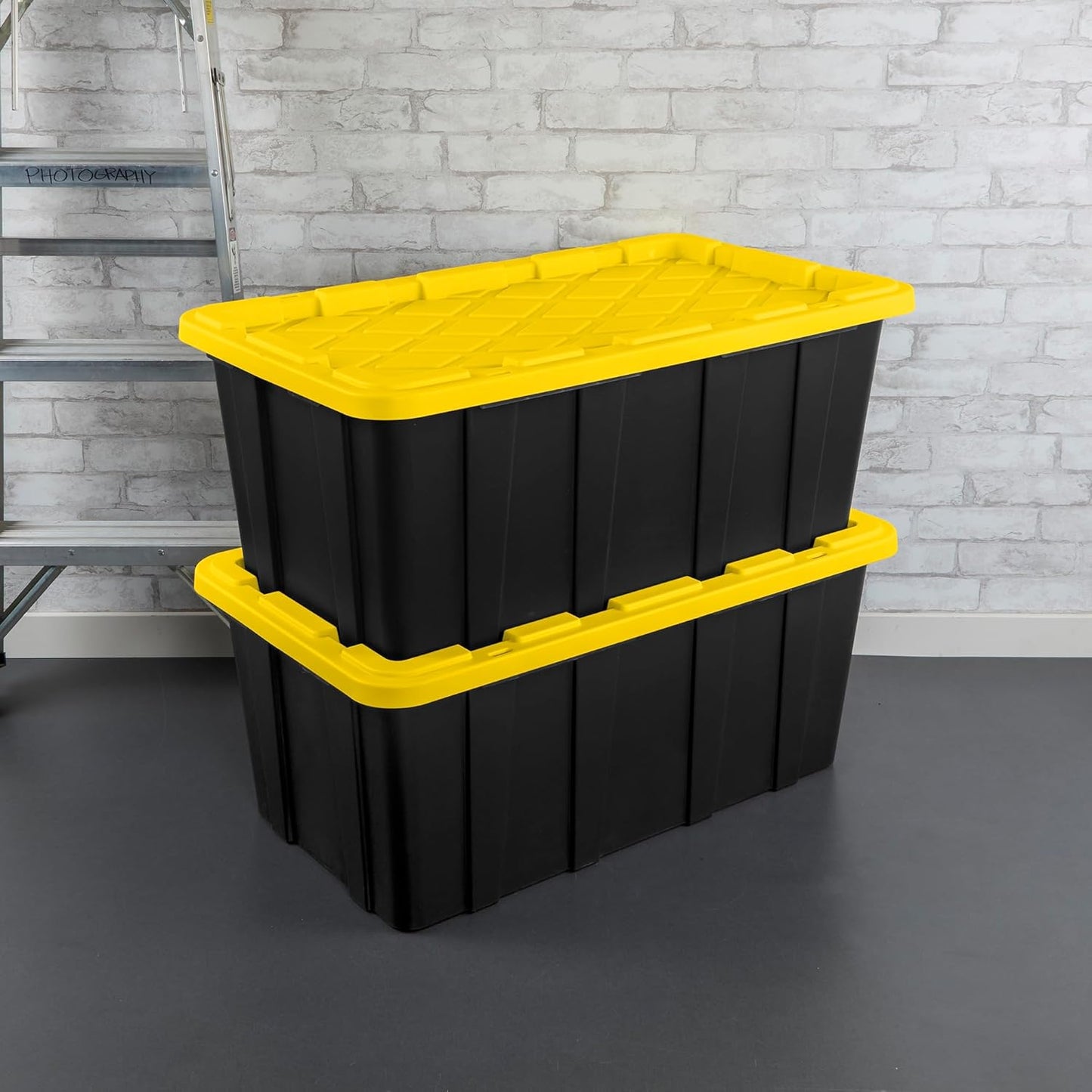 Sterilite 4-Pack 27 Gallon Industrial Storage Tote, Heavy-Duty Plastic Bins, Black/Yellow - Stackable Utility Organizers with Lids for Garage, Camping Tools, and Outdoor Gear