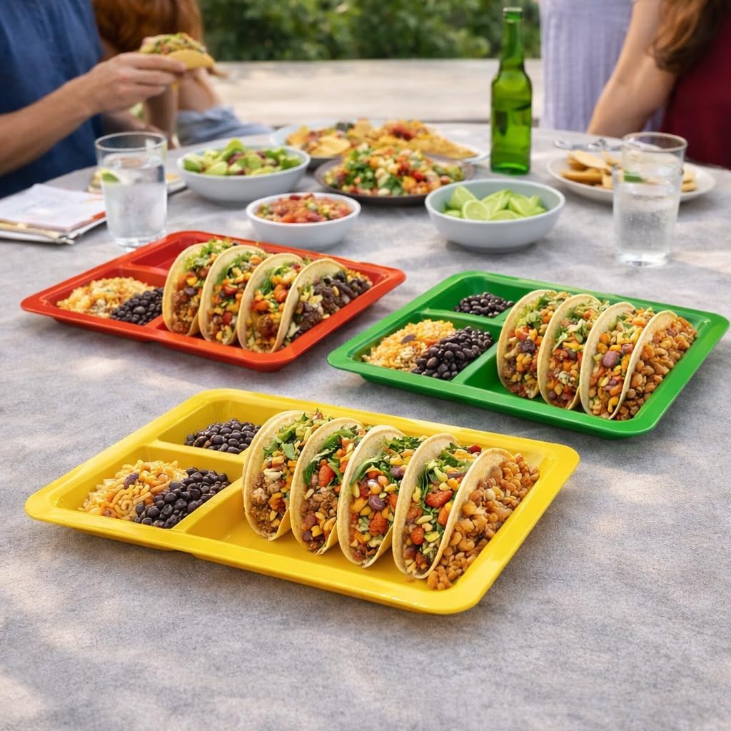 Set of 3 Taco Holder Plates – Plastic Divider Taco Trays with Stand-Up Slots, BPA-Free, Dishwasher & Microwave Safe