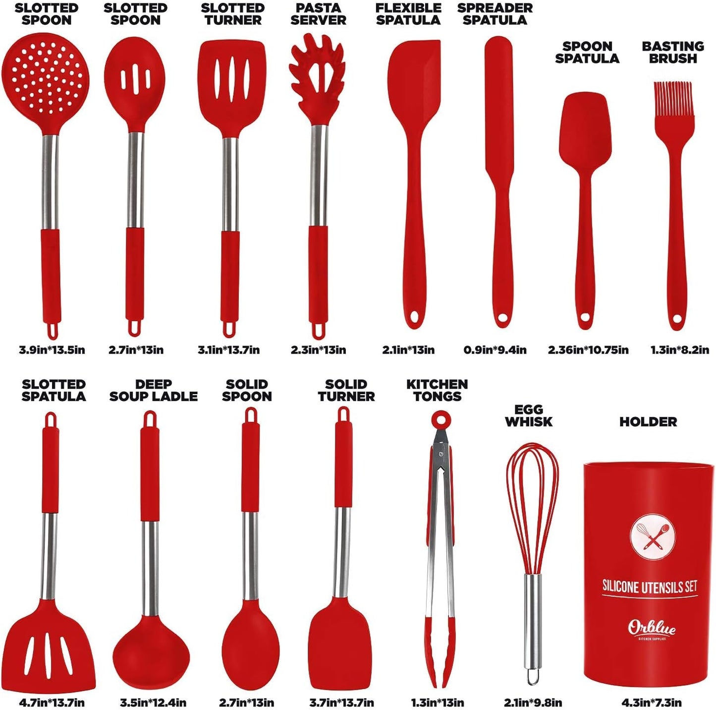 ORBLUE Silicone Cooking Utensil Set, 14-Piece Kitchen Utensils with Holder, Safe Food-Grade Silicone Heads and Stainless Steel Handles with Heat-Proof Silicone Handle Covers, Red