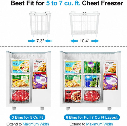 iSPECLE Chest Freezer Organizer - Adjustable Width & Extra Depth, 3 Pack | For 5-7 Cu Ft Chest Freezers, Stackable Large Freezer Organizer Bins, Easy Food Access & Organization, No Wasted Space, White
