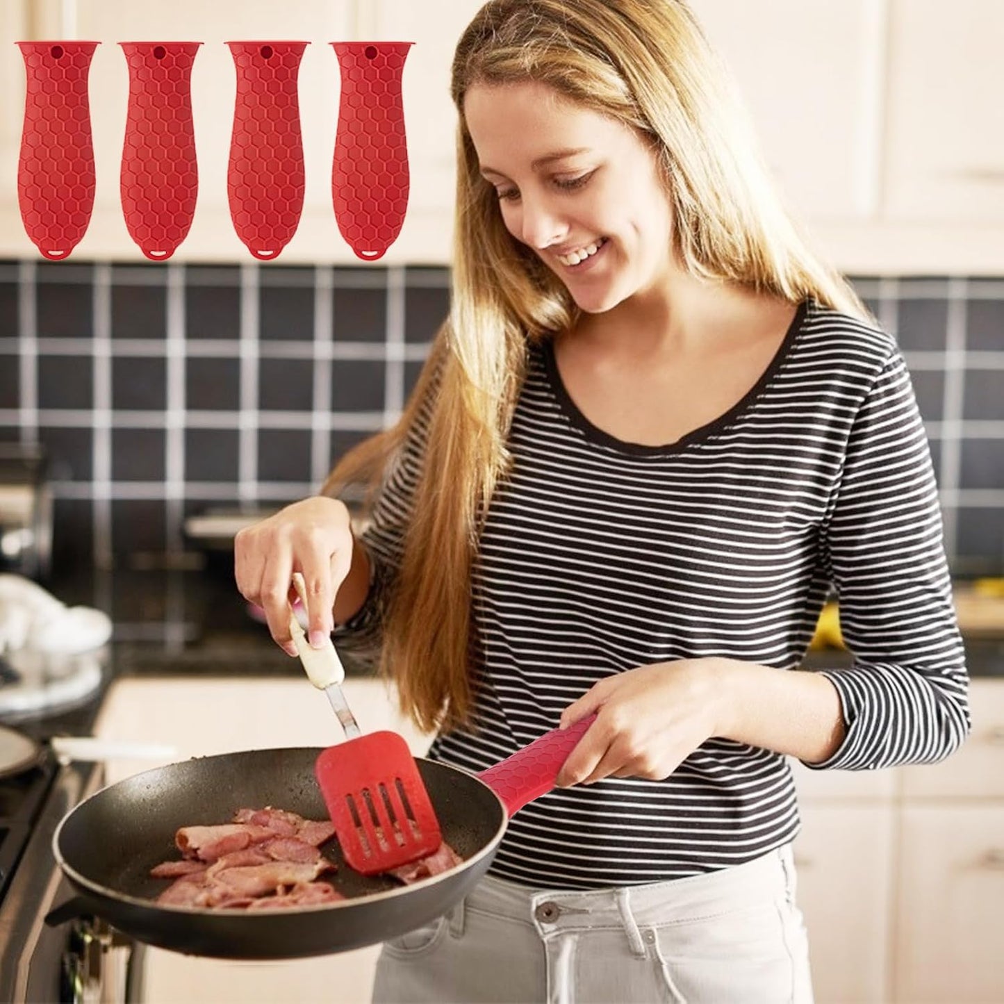 Silicone Hot Handle Holder - Potholder for Cast Iron Skillets & Frying Pans - Heat Resistant Sleeve Grip Handle Cover, Red, Black, Blue, Green