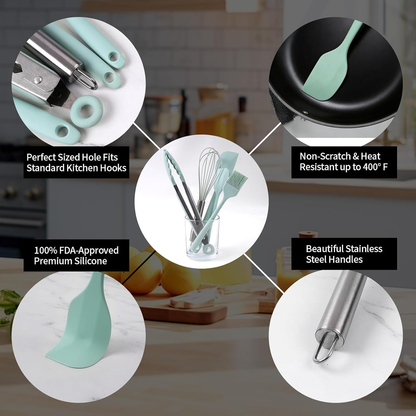 Silicone Kitchen Utensils Set - 5 Pcs Spatula Set with Holder, Heat Resistant, Dishwasher Safe (Green)