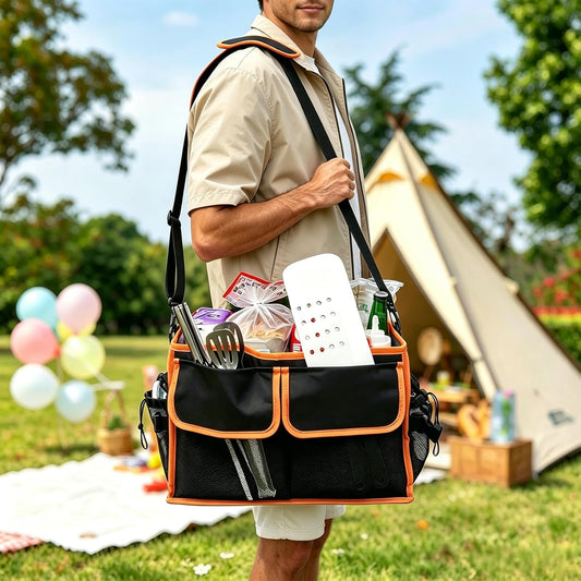 Large Grill Caddy with Paper Towel Holder - BBQ Caddy Organizer for Utensil, Condiment - Easy Carry Picnic Caddy - Griddle Caddy for Camping, Travel, RV - 600D Waterproof Oxford Fabric