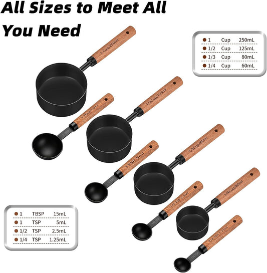 Wooden Handle Measuring Cups & Spoons Set 8-Piece – Stainless Steel, Stackable, Rustic Farmhouse Kitchen Gadgets, Non-Toxic, Dishwasher Safe, Gift for Bakers & New Homeowners.