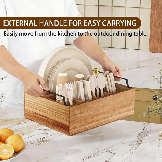 Paper Plate Holder Utensil Caddy Organizer, Wooden Utensil Holder Organizer for Party, Paper Plate Organizer or Cups, Forks, Spoons, Napkins and Silverware Holders