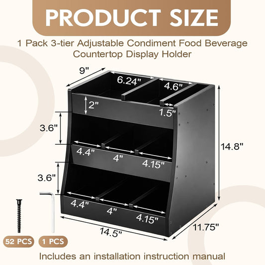 Blulu 3-tier Adjustable Condiment Organizer for Countertop Condiment Food Beverage Holder Wooden Condiments Bottle Sauce Packet Organizer Bin for Coffee Shops Restaurants Bars 14.5" x14.8" x 11.75"