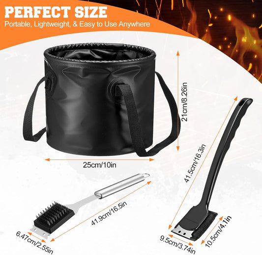 Hushee 3 Pack Grill Brush Bristle Free with Collapsible Bucket Portable Grill Brush BBQ Cleaner Scraper Durable Foldable Water Tank for Outdoor BBQ Cleaning, Dishwasher Safe